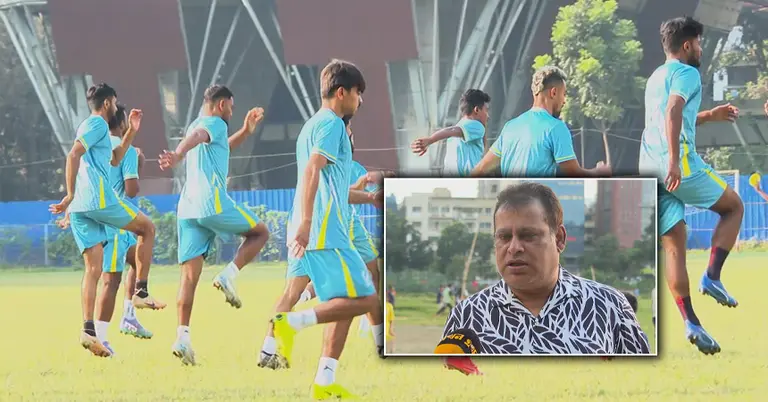 আবাহনীর খেলোয়াড়দের অনুশীলন; ইনসেটে আবাহনী ম্যানেজার সত্যজিৎ